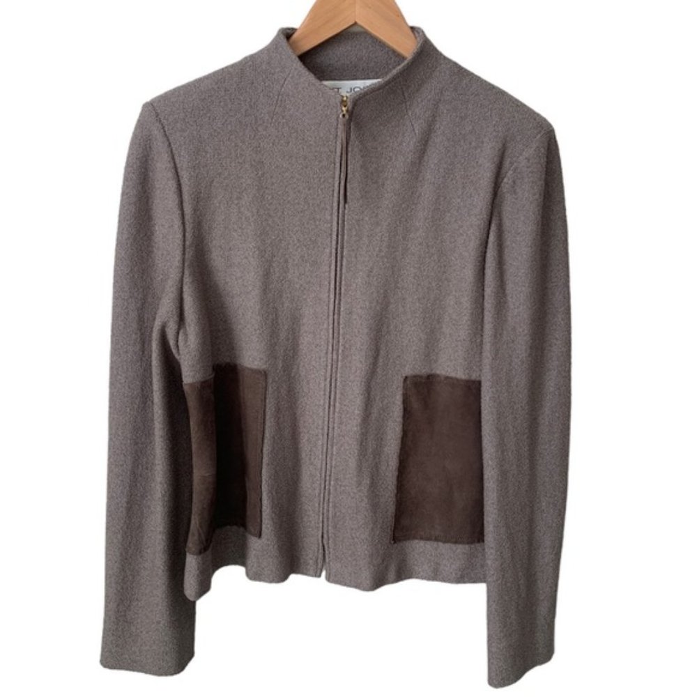 St John Collection Brown Knit Leather Blazer Jacket Women's Size 10